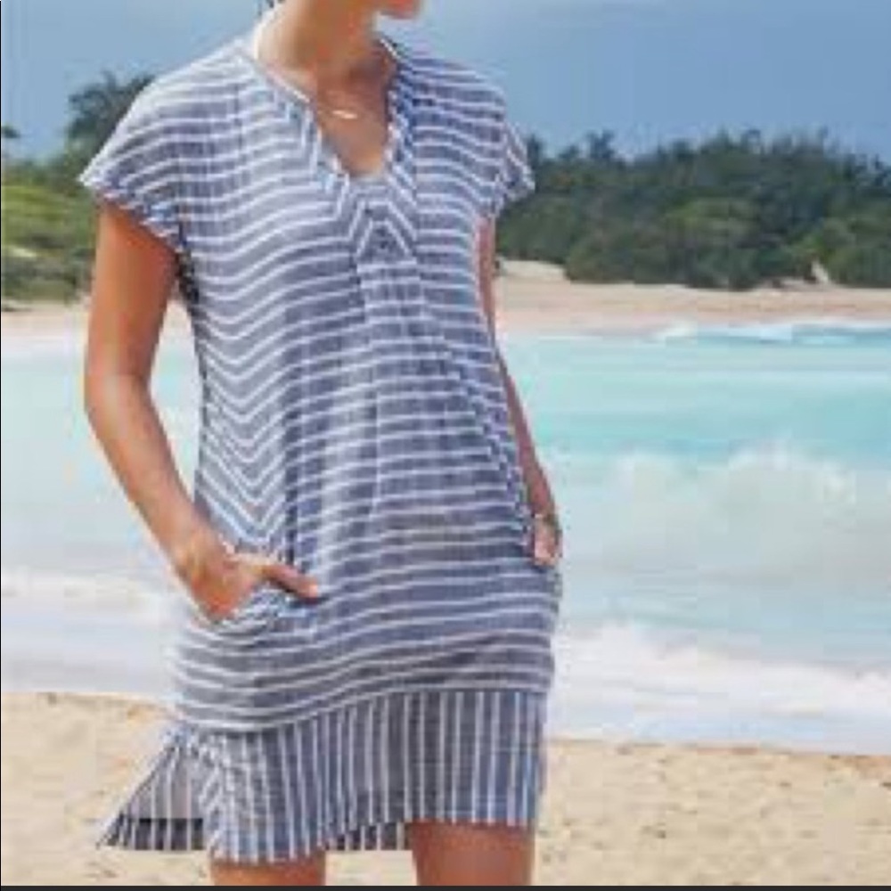 Athleta 100% cotton blue striped Barbados chambray dress